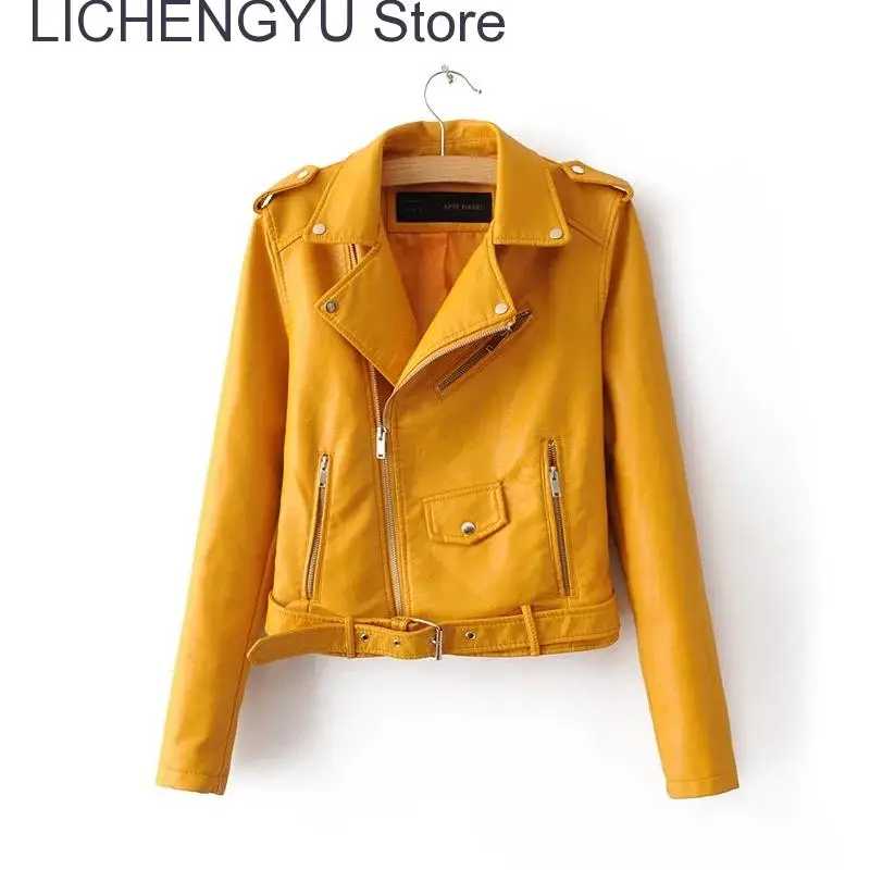 2022 New Arrival brand Winter Autumn Motorcycle leather jackets yellow leather jacket women leather coat slim PU jacket Leather