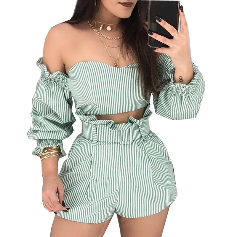 Sexy Club Women Fashion Shorts Set Ruffle Green High Waist Stripe Pants Set 2 Piece Outfit Sets Beachwear Casual Summer Shorts