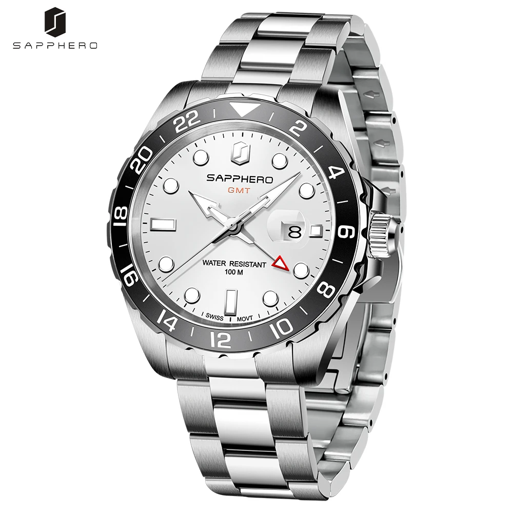

SAPPHERO GMT Watch for Men Luxury Quartz Watches Stainless Steel Business Wristwatch 100m Waterproof Clock