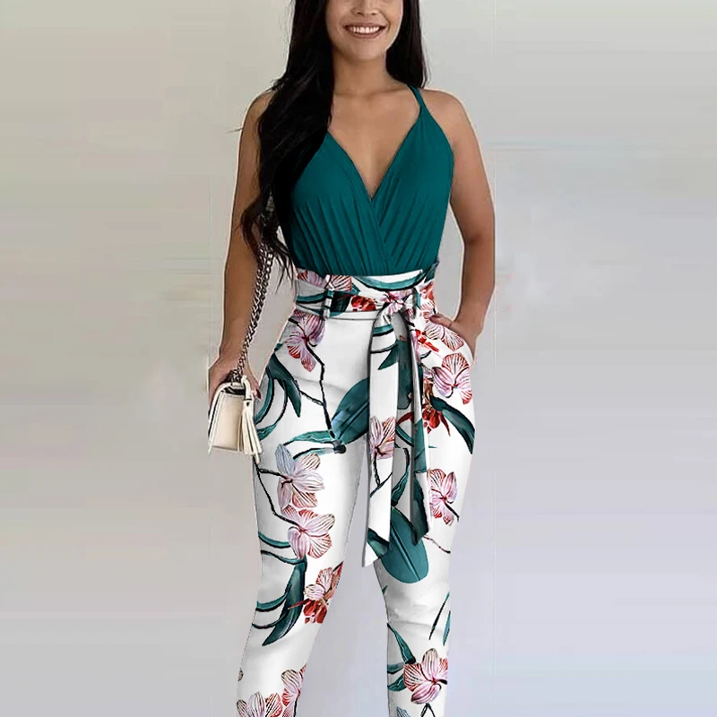 

Fashion Two Piece Set Casual Wear Suits Set Two Piece Outfit spaghetti strap Top & FloralPrint High Waist Pants Set