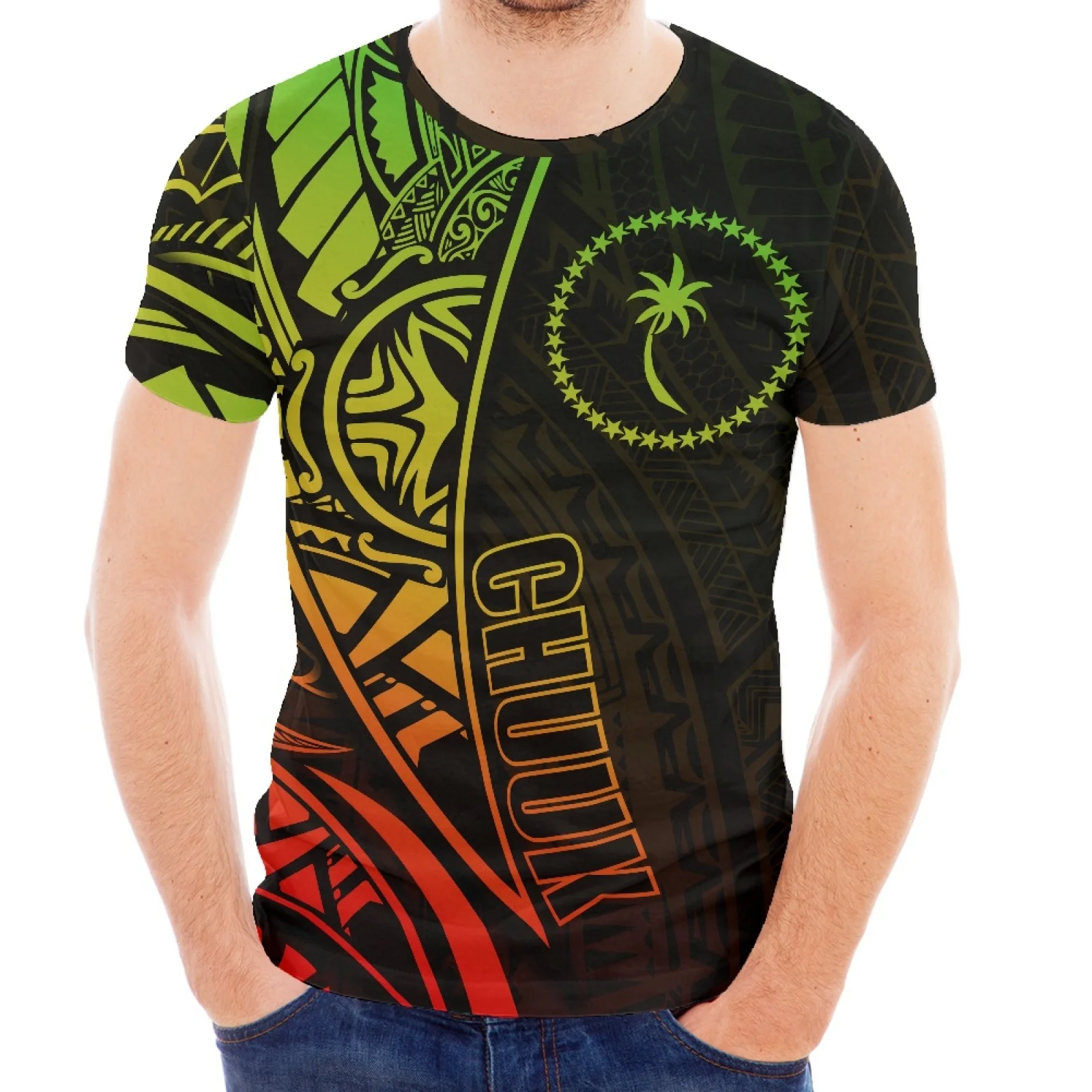 

CHUUK Tattoo New Print Design Polynesian Traditional Tribal Hawaiian Round Neck Short Sleeve Slim T-Shirt Spring/Summer Season