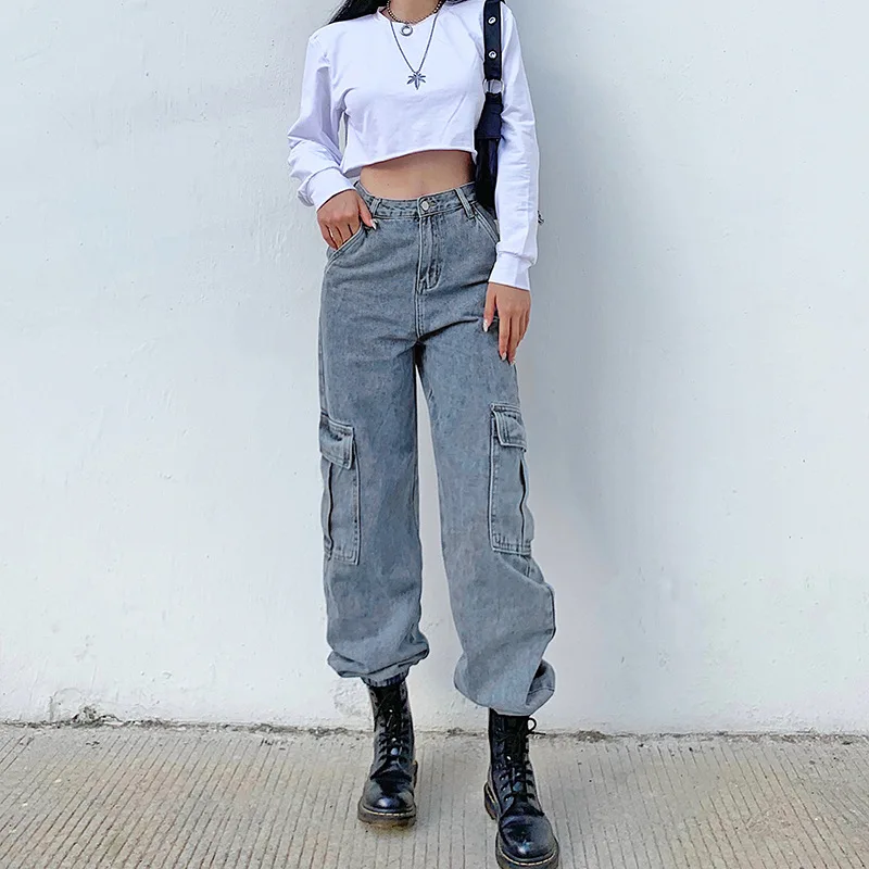 Women Loosed High Waist Fashion Streetwear Zipper Long Jeans with Big Pockets for Hip Hop Vintage Demin All-match Cargo Pants