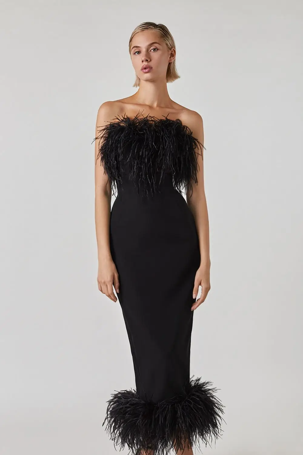 

Gorgeous Feathers Edge Black Bodycon Long Evening Dress Graceful Women Package Bandage Dress Celebrity Banquet Party Vestido