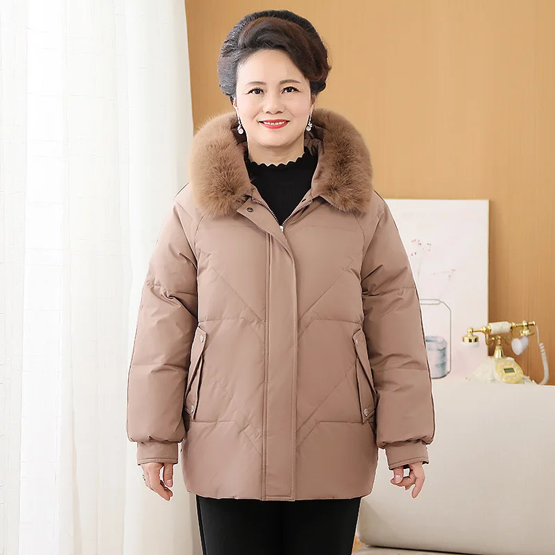 

Size 6XL 5XL New High Quality Women Mother White Duck Down Jacket Warm Hooded Thick Puffer Coat Casual Overcoat Winter Parka