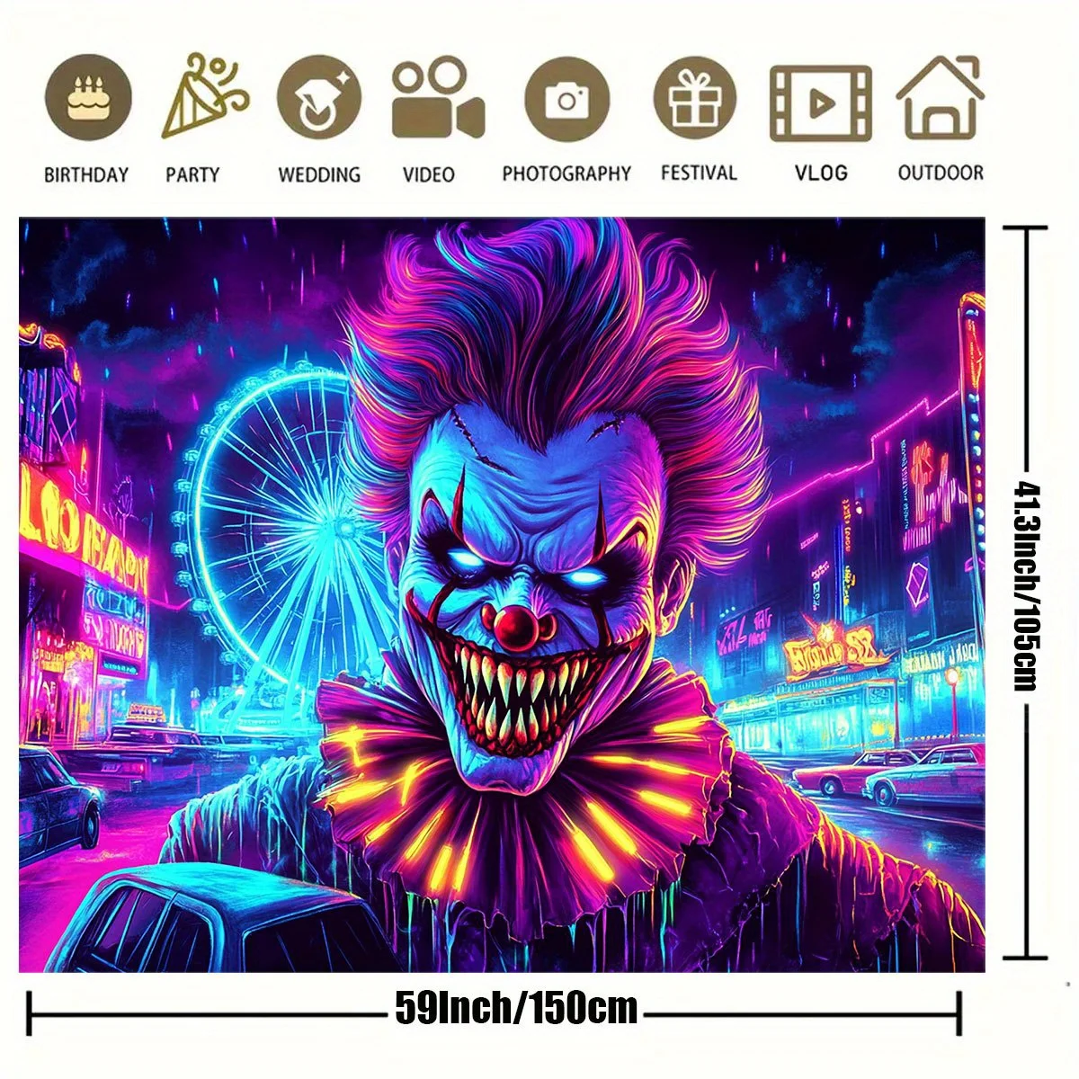 Ein lebendiger Punk-Clown-Karnevalshintergrund – eine Neon-Nachtansicht mit Riesenrad und Vintage-Autos – Detail 2
