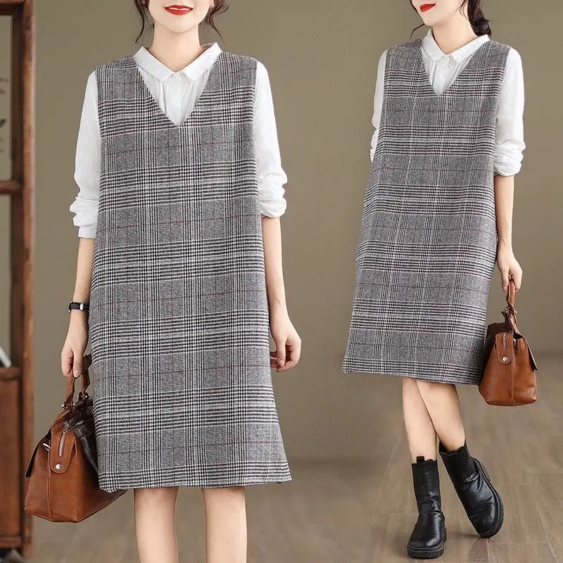 

Woolen Tank Dress For Women 2023 New Autumn Winter Vintage Fashion Casual Plaid Large Size V-Neck Mid L length Vest Dress Z3344