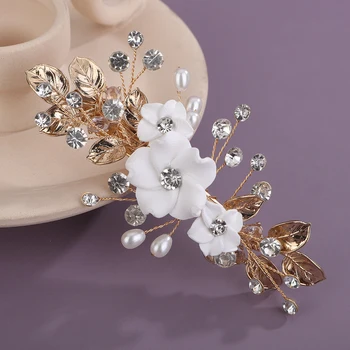 Women Flower and Leaf Hair Clip for Wedding Hair Accessories Silver Bridal Pearl Hair Piece Rhinestone Gold Party Tiaras Jewelry