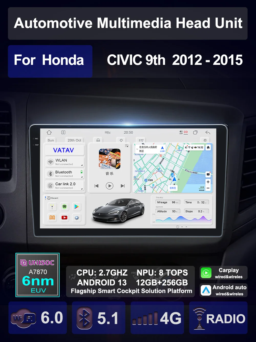 

For Honda civic 2012-2015 Car Android 13 Multimedia Carplay Android Auto GPS AI Voice navigation stereo Radio Palyer Head Unit