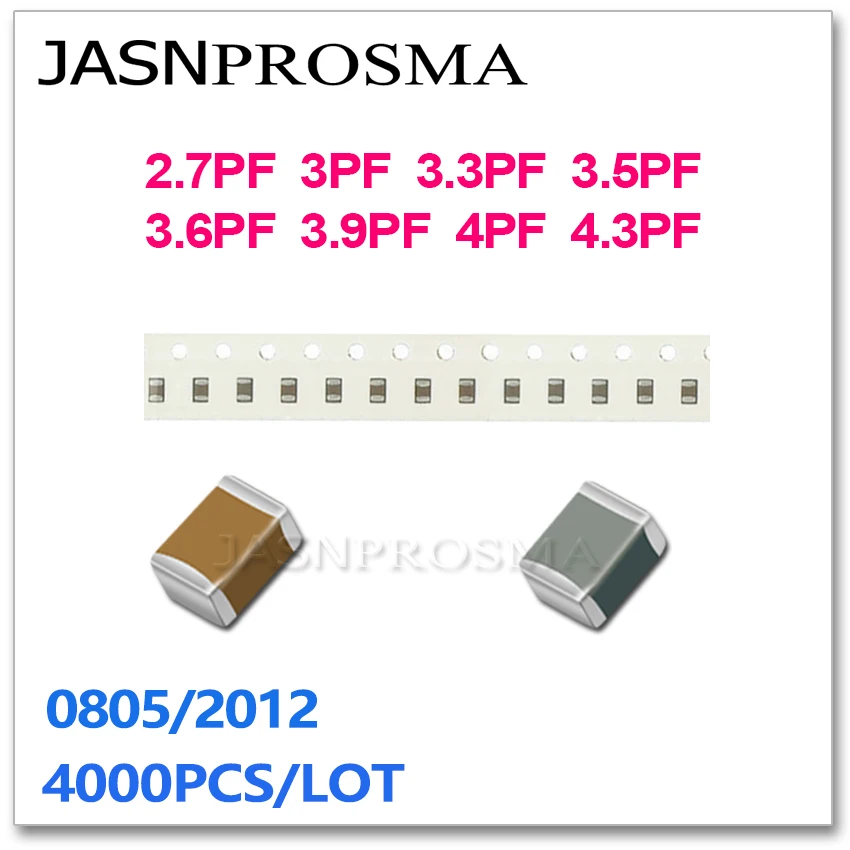

JASNPROSMA 4000 шт. 0805 2012 COG/NPO RoHS 0.25% 0.5% 2.7PF 3PF 3.3PF 3.5PF 3.6PF 3.9PF 4PF 4.3PF 50V SMD, высокое качество конденсатор