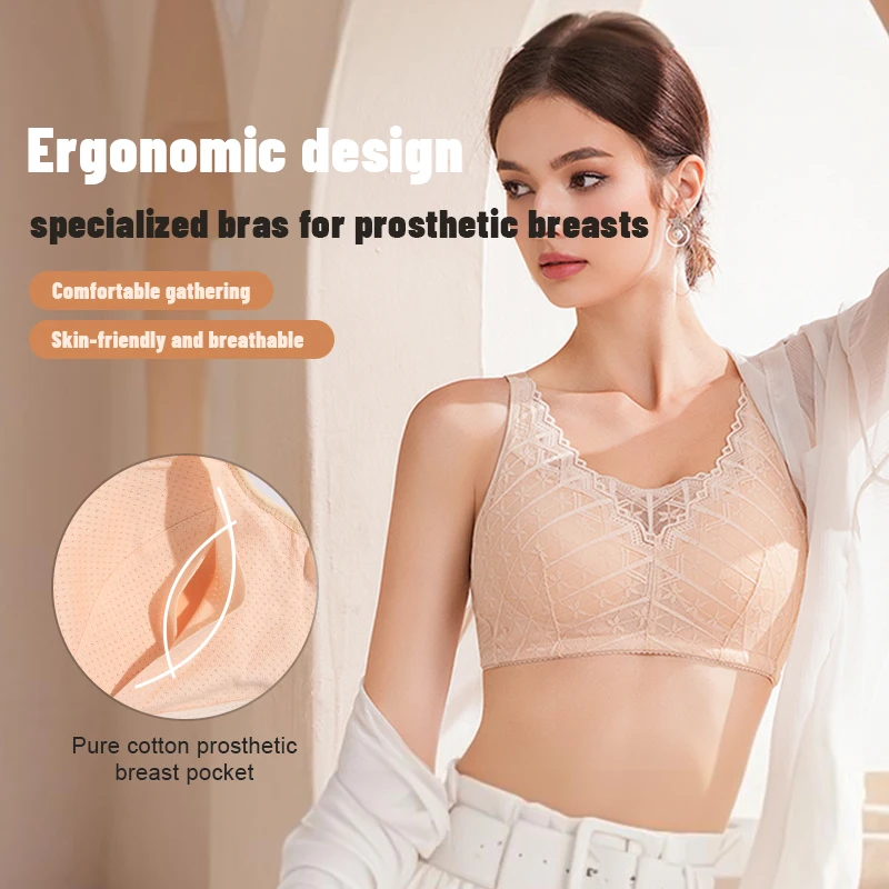 LERVANLA 2566 Strong Breathability Mastectomy Bra Women with Pocket Breast Form Pads Included Adjustable Cotton Comfort Large 2