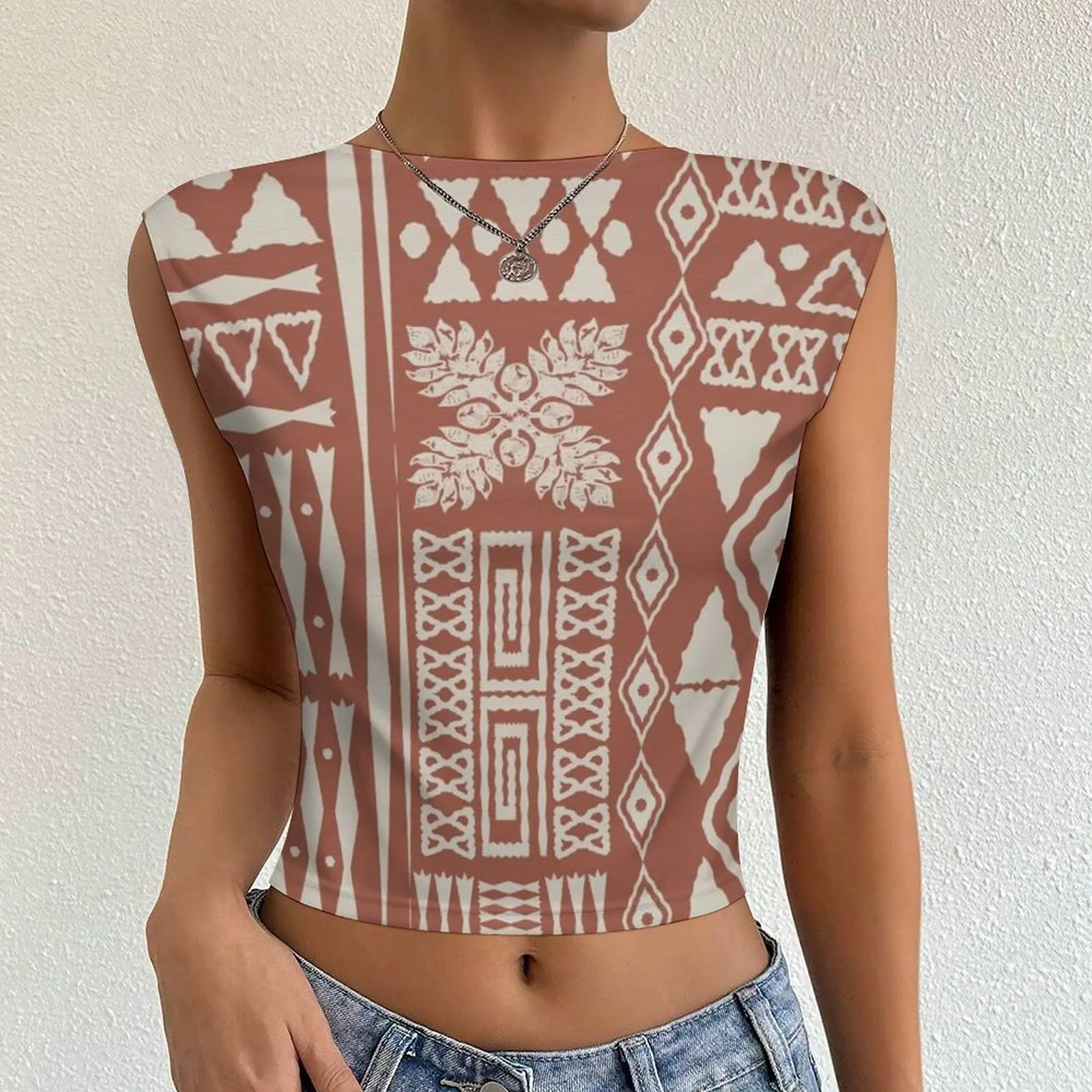 Tribal Style Sleeveless Backless Hot Girls Crop Tops Custom African Cave Pattern Print Samoan Tapa Siapo Elei Womens T-shirt POD 2