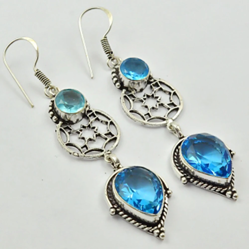 Orecchini Topas Blu Argento Sovrapposti Su Rame, Lunghezza Totale 70Mm , E2960
