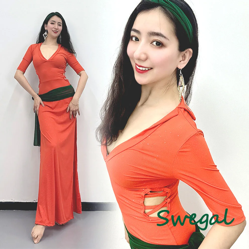 

Ethnic Belly Dance Gown Performance Dress Baladi Belly Dance Folk Style Gown 4 Piece Set Deep V Women Dress