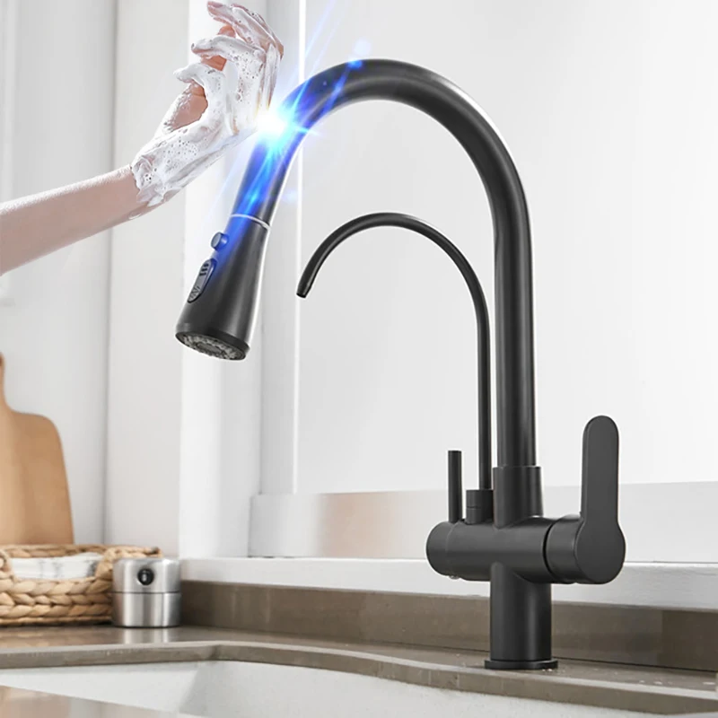 Touch Kitchen Sink Faucet with Pull Down Sprayer 2 Handle 3 In 1 Water Filter Purifier Faucets Brass Gold Sensor Kitchen Tap