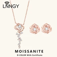 Lnngy Romantic Rose Flower Moissanite Jewelry Set For Wedding Certified 925 Sterling Silver Pendant Necklace Exquisite Gift
