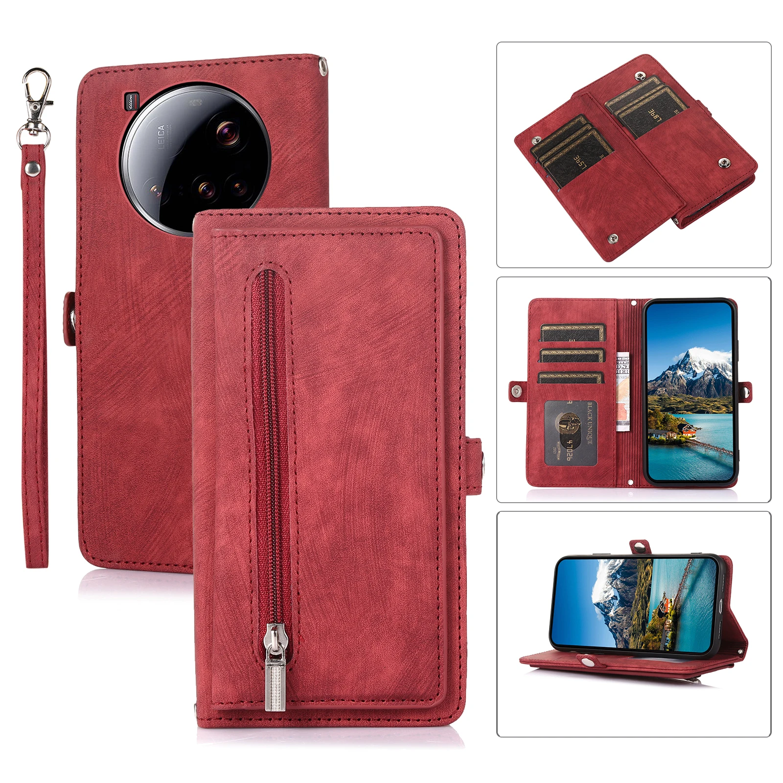 Leather Lanyard Wallet Case with Strap and Card Holder