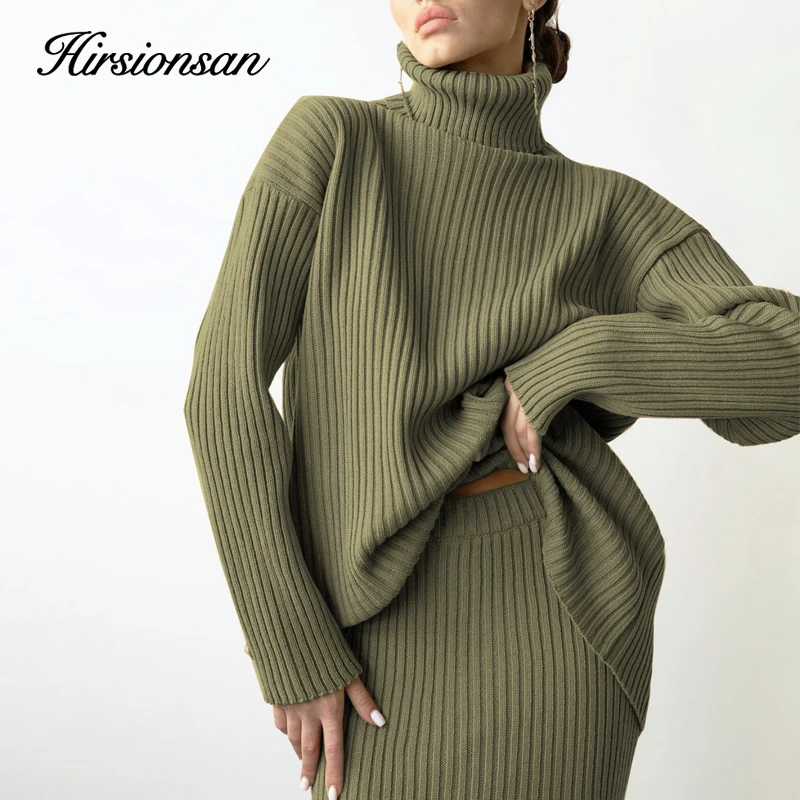 

Hirsionsan Elegant Knitted Sets Women 2023 New Casual Two Pieces Turtle Neck Sweater and Midi Skirt Female Warm Suits with Skirt