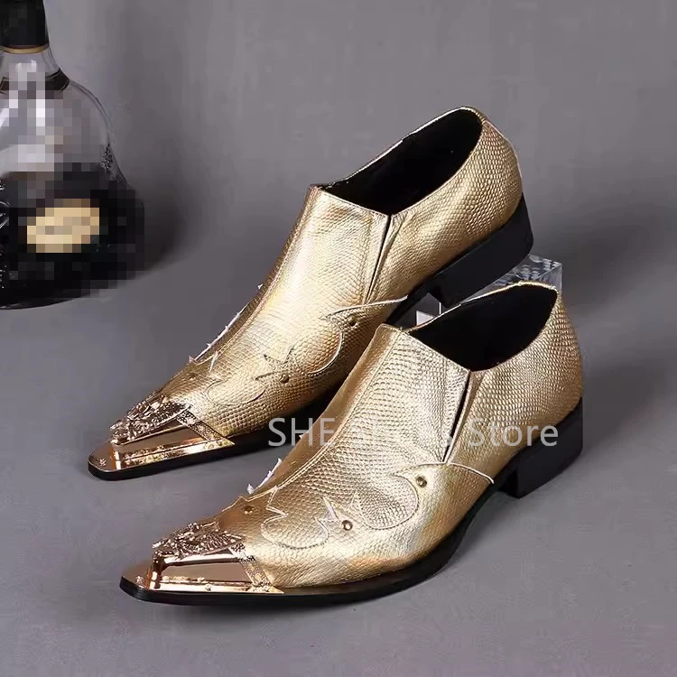 

Rivet Decor Metal Square Toe Chunky Heel Male Loafers Gold Snakeskin Pattern Sewing Leather Slip-On Shoes Men's Dress Oxfords