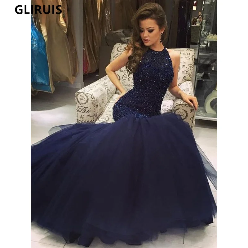 

Shinny Halter Evening Dress Tulle 2022 Mermaid Sleeveless Evening Gown Vestido De Festa Robe De Soiree Formal Dress Party