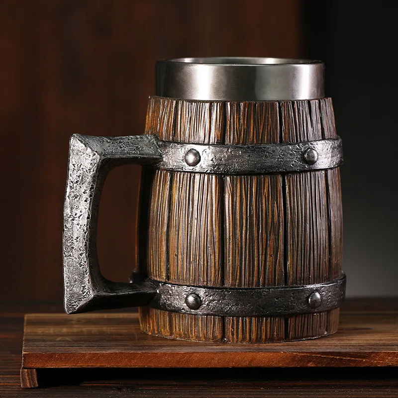 Wooden barrel beer mug Large-capacity Coffee mug Water bottle Tazas de caf&eacute; with stainless steel