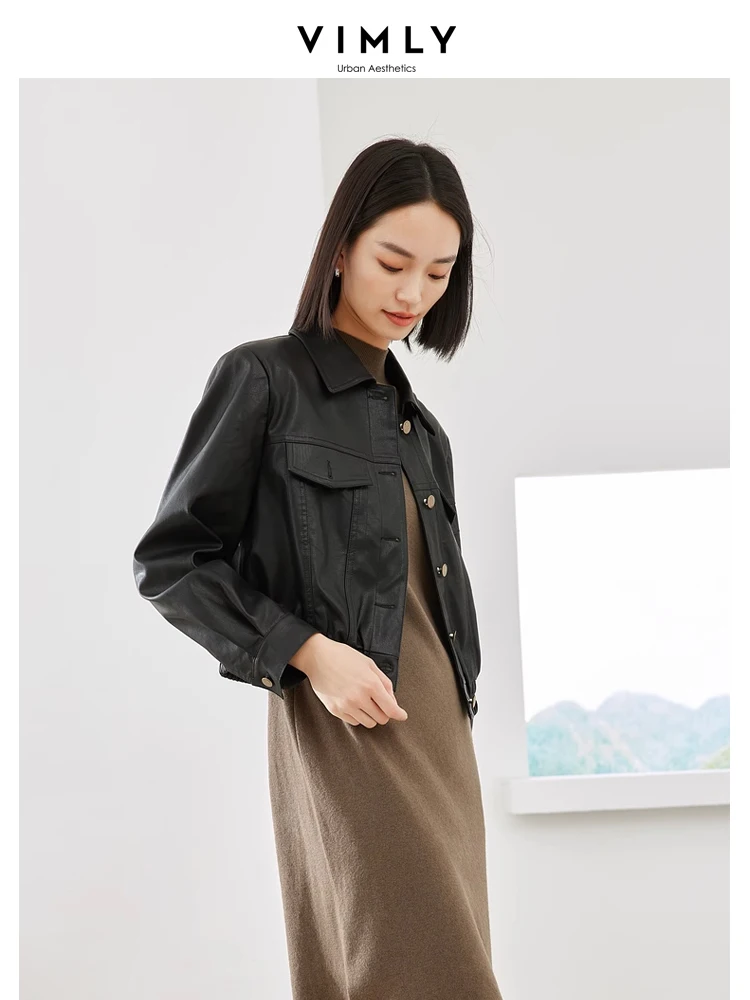 Vimly Lapel Cropped Women's Motorcycle Leather Jacket Loose Long Sleeve Coats 2023 Autumn New in Outerwear Female Clothing 16137
