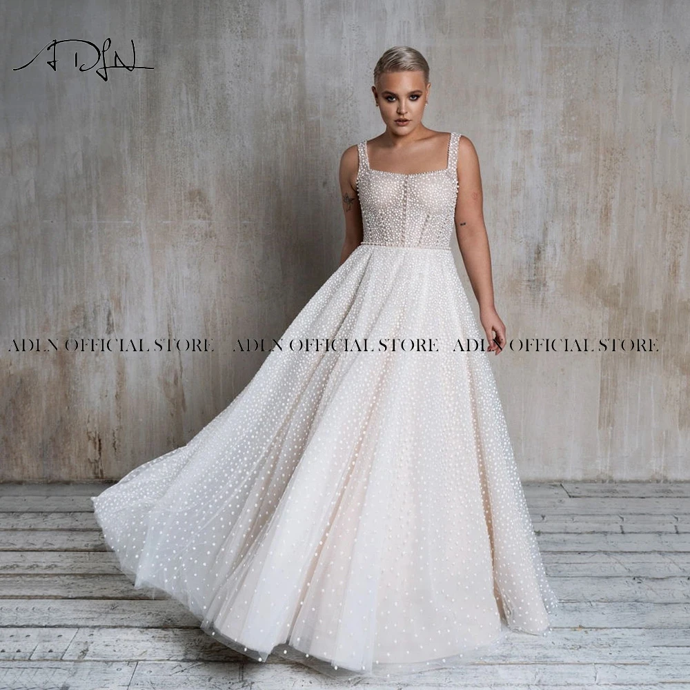 Elegant Plus Size Wedding Dresses with Straps Glitter Dot Tulle A-line Bridal Gown Backless Bride Dress Customized 3