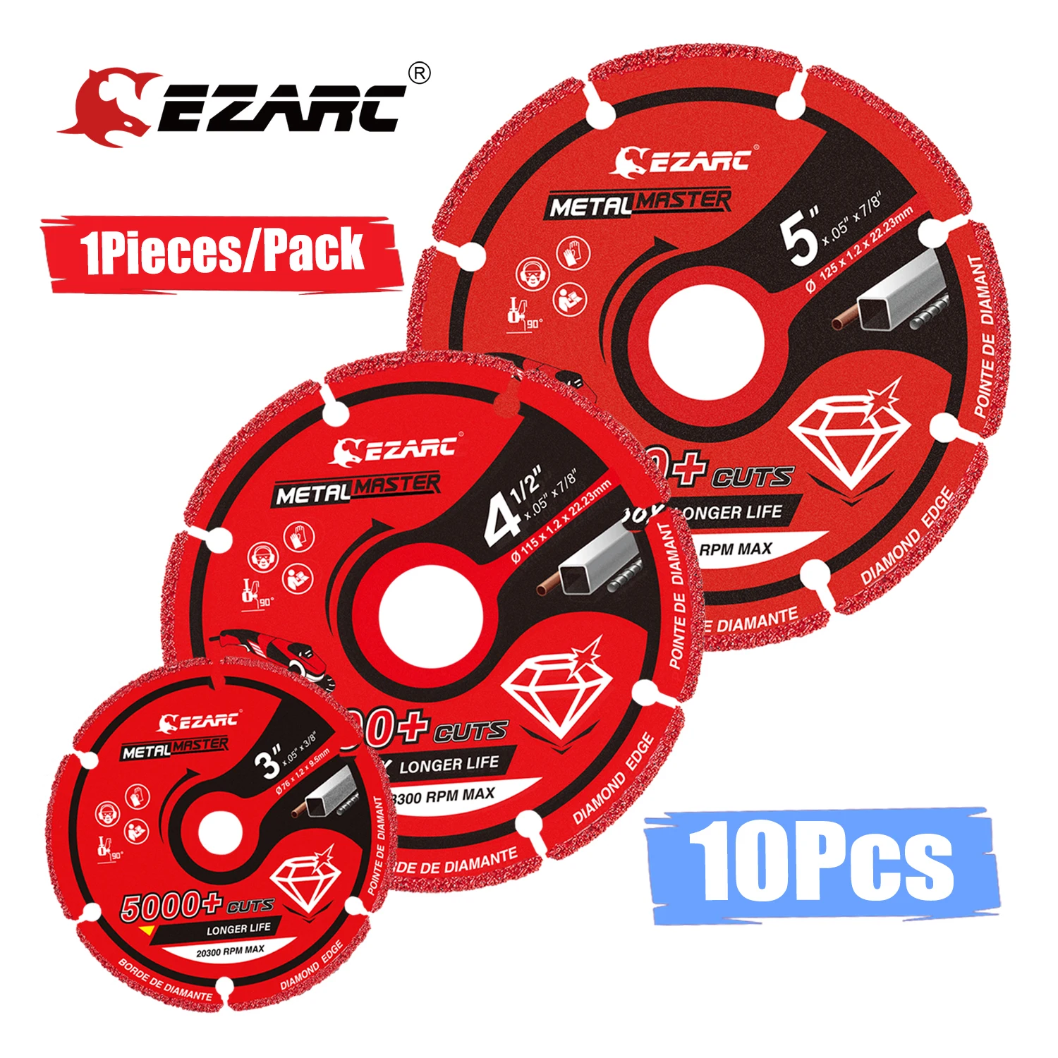 EZARC 10Pcs Diamond Cut Off Wheel 3''/4.5''/5Inch Metal Cutting Wheel 5000+ Cuts Angle Grinder