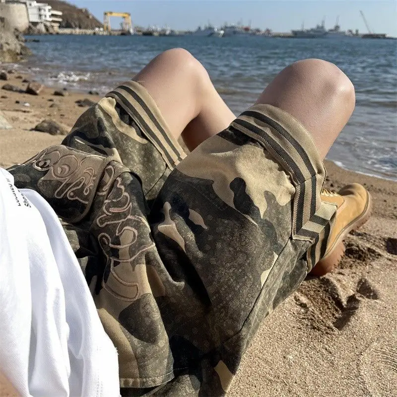 Camouflage Letter Embroidered Street Shorts Summer Loose  Drawstring Y2K Shorts Fashion Casual Sports Shorts Women Men