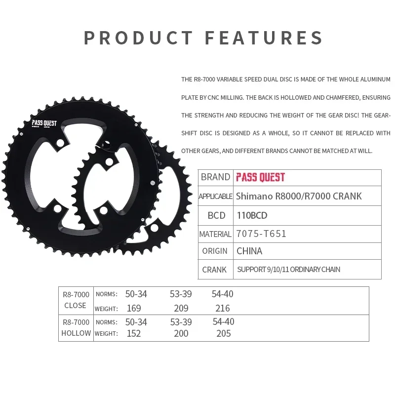 Road Bike Chainring PASS QUEST Double Sprocket 46-33T/48-35T/50-34T/52-36T/53-39T54-40T HOLLOW/Closed 110BCD Chainring For Ultegra R7000,R8000,105, road bike chainring