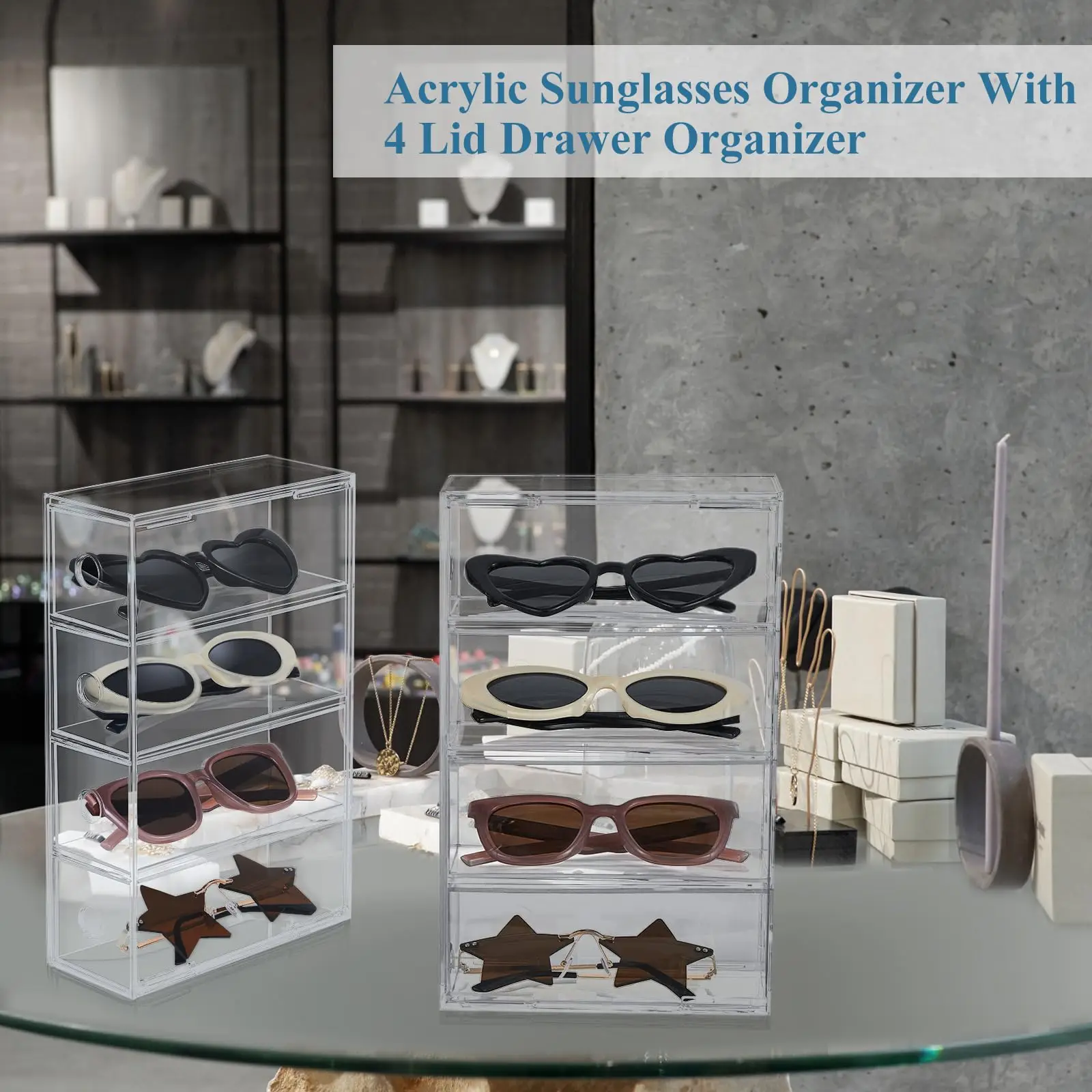 Acrylic Sunglass Organizer Clear Sunglass Holder with 4 Drawers for Women Eyewear Display Case Jewelry Watch Storage Box 3