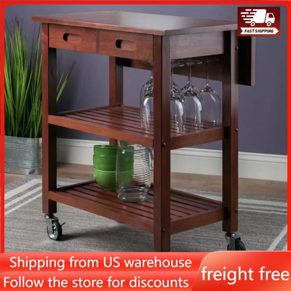 

2 Drawer Rolling Kitchen Cart in Walnut Kitchen and Home Furniture Folding Shelf Organizer Cart with Wheels Trolley Storage