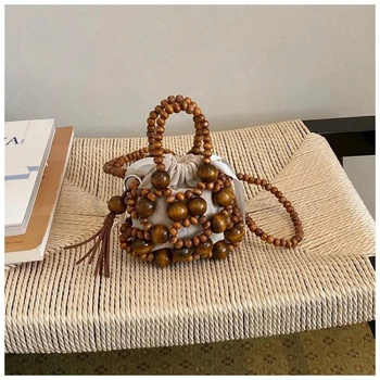 Borsa a secchiello vintage boho fatta a mano con perline 2026, borsa a tracolla da donna con perline in legno intrecciate, elegante borsa a tracolla con nappe per vacanze estive