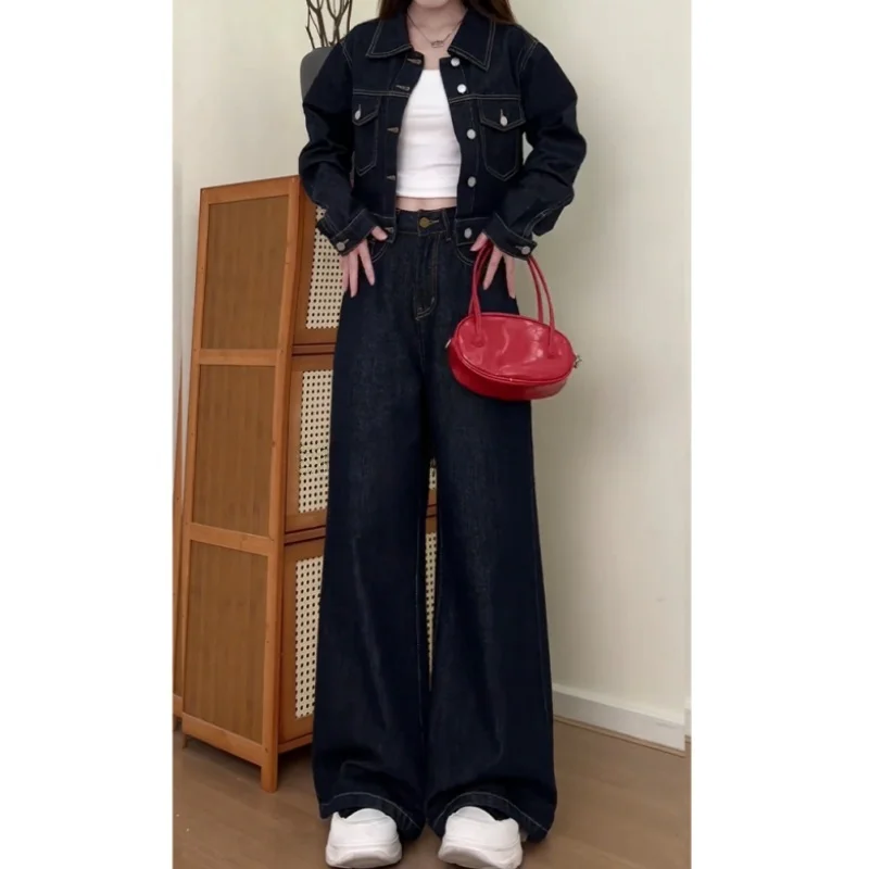 American Large Size Women's Loose Wide Leg Jeans High Waist Deep Blue Autumn Winter Casual Wear Cotton Stretch Denim - 3