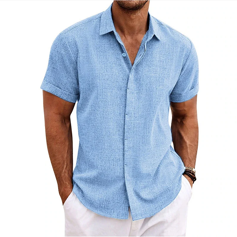 

Casual Men's Cotton Shirts Solid Color Turn-down Collar Buttoned Short Sleeve Shirt Tops Men Spring Summer Vintage Beach Shirts