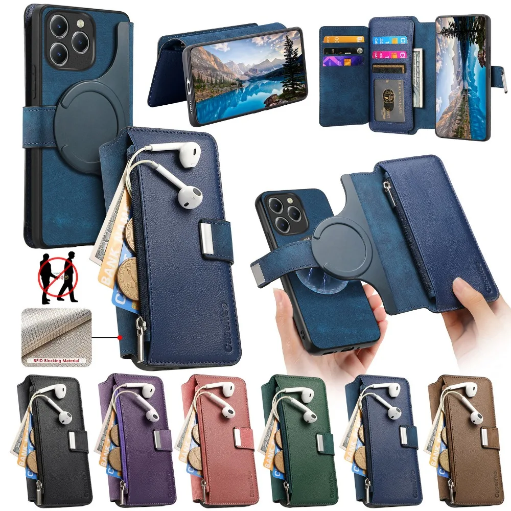 Luxury RFID Leather Card Holder Detachable Zipper Wallet Flip Cover Case