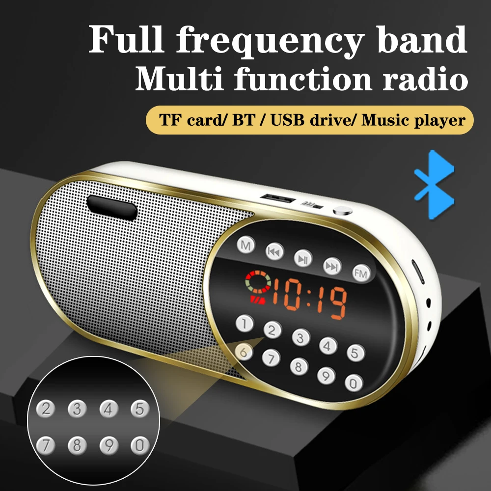 Portable Mini FM Radio Wireless Bluetooth 5.0 Speakers TF\USB\LED Flashling Function Support 3.5mm Earphone MP3 Player