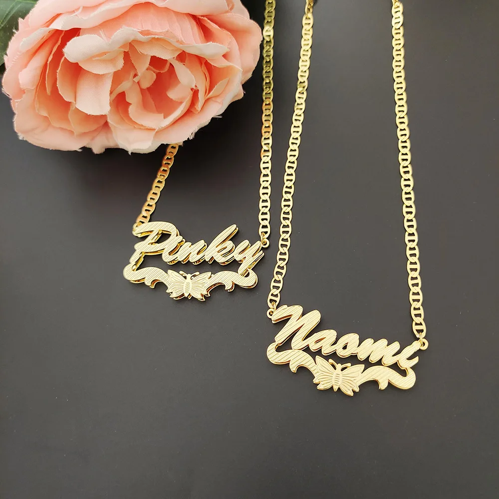 Personalized Bee Double Layer Name Necklace for Women Men Customized Stainless Steel Pendant Gold Chain Girls Christmas Gift