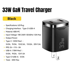 Essager 33W GaN USB - C Charger with Digital Display and Fast Charging Capability - Black US Plug