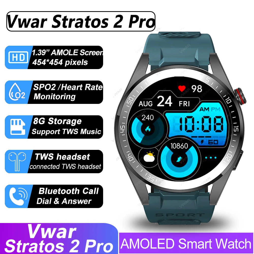 Умные часы Vwar Stratos 2 Pro AMOLED всегда на дисплее Bluetooth умные для мужчин 8G GPS треки