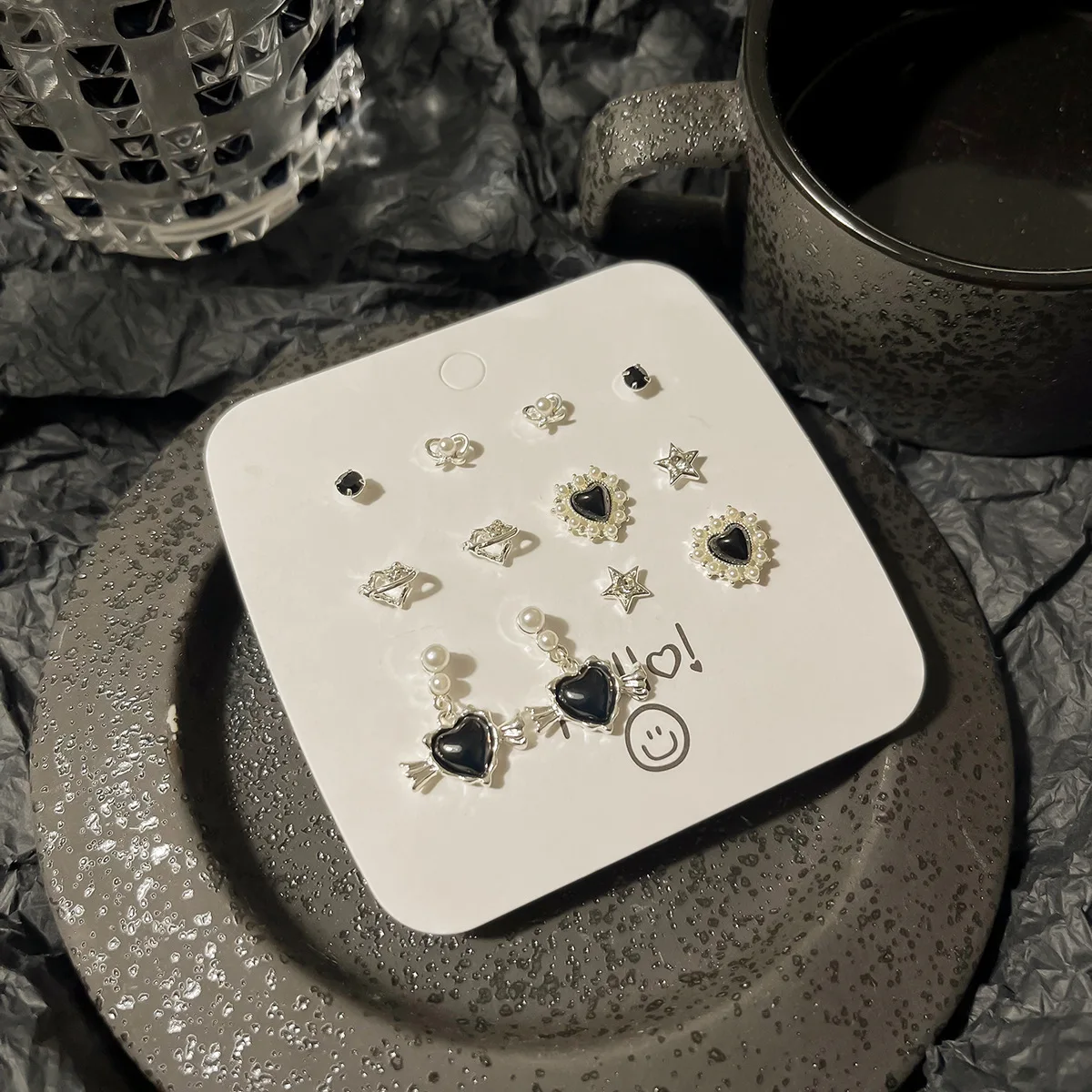 

S925 Sterling Silver Needle Zirconia Earring Set Black Love Flower Earrings Sweet Cool Earrings For Women Drop Shipping