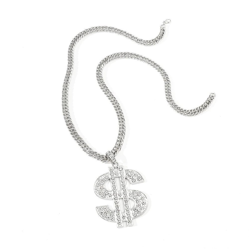 Punk Hip Hop Pendant Necklace for Men, Silver Plated, Personalized Dollar Sign, Rock Jewelry, Rap Gift