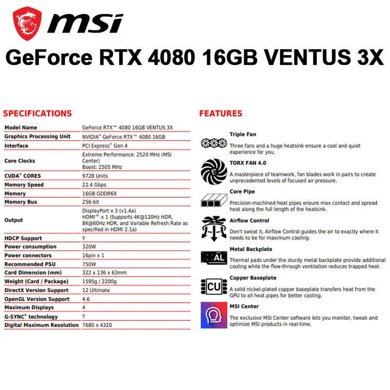 MSI GeForce RTX™ 4080 16GB VENTUS 3X, Graphics Card