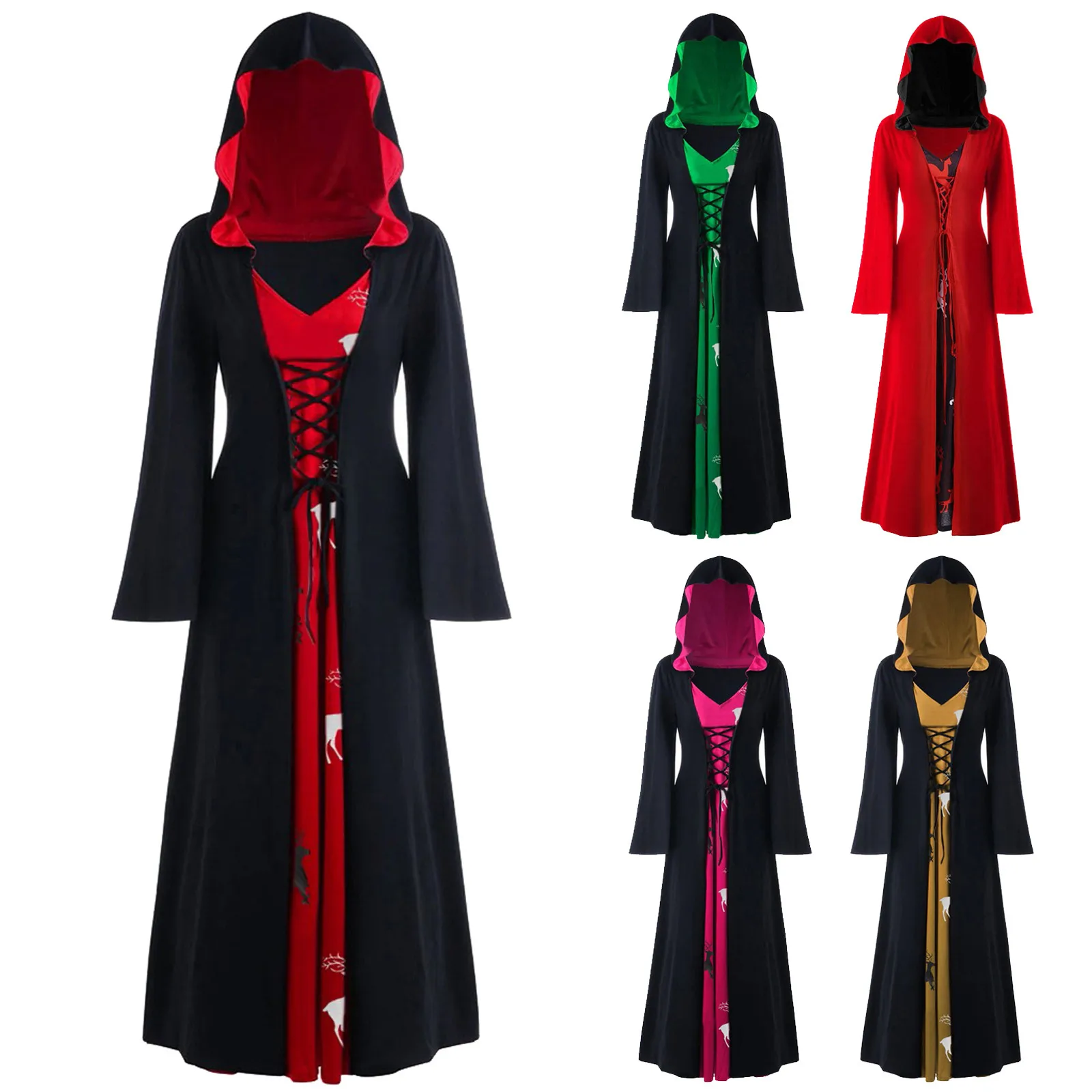 

Medieval Hoodies Lace Up Dress For Women Vintage Hooded Cosplay Costume Retro Patchwork Long SleeveS Christmas Witch Maxi Dress