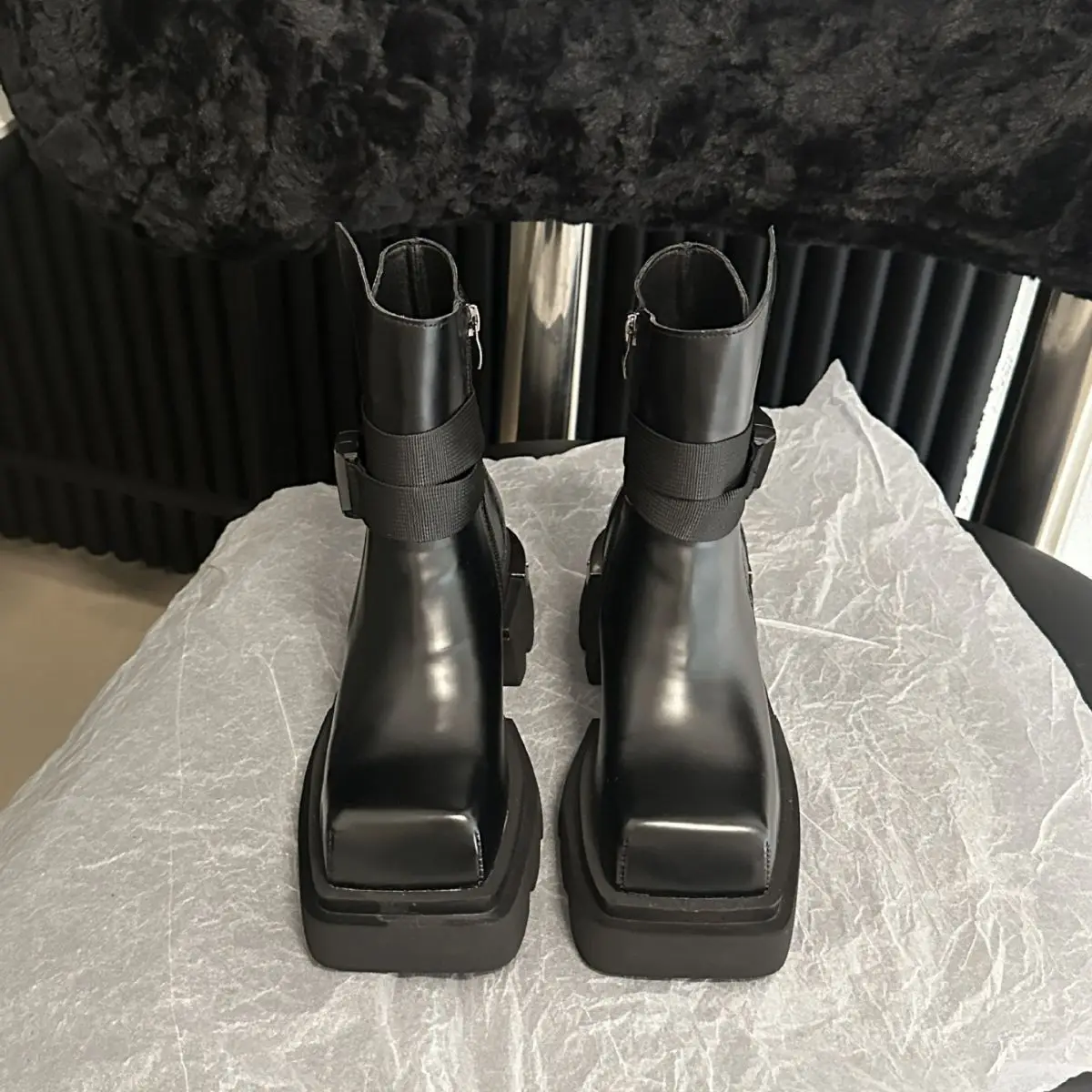 Genuine Leather Thick Heels High Heels Thick Soles Martin Boots Female Niche Design Square Toe Ins Work Clothes Short Boots