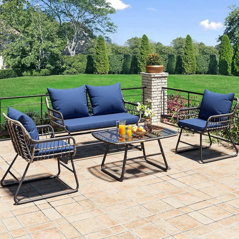 

4-Piece Patio Furniture Wicker Outdoor Bistro Set, All-Weather Rattan Conversation Loveseat Chairs for Backyard, Balcony