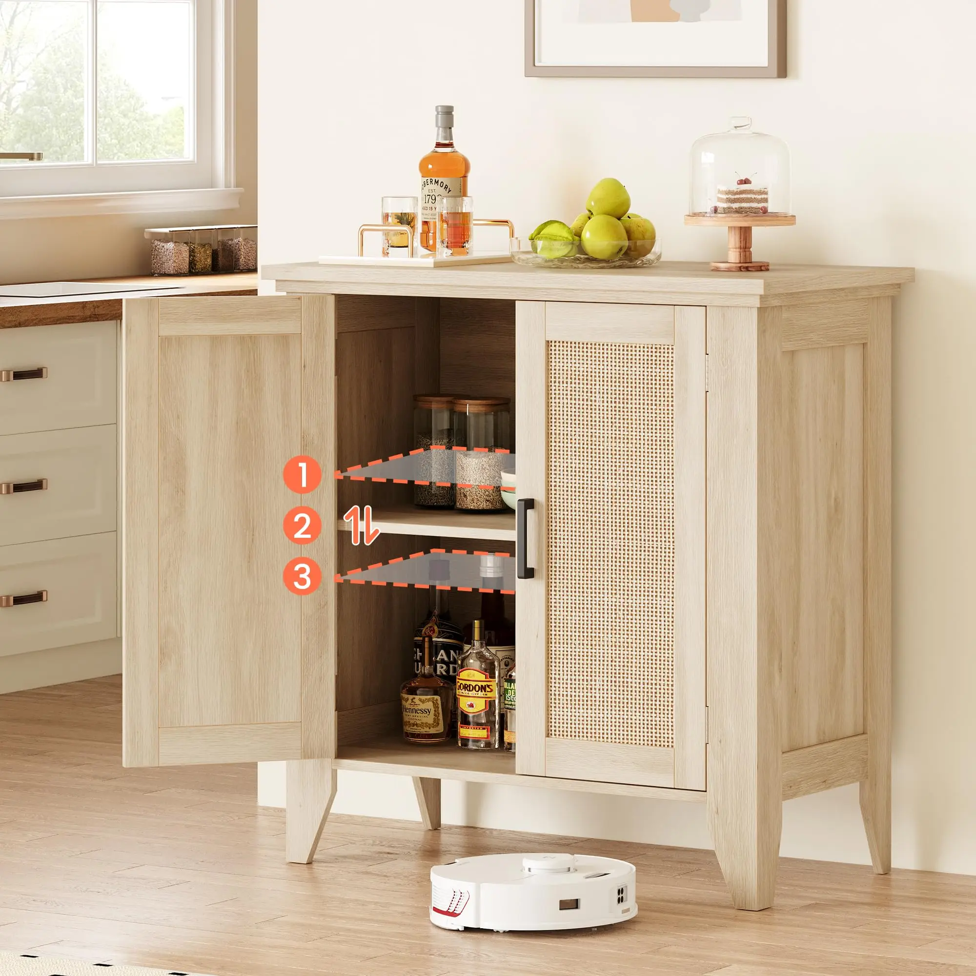 Rattan-Aufbewahrungsschrank mit Türen und Regalen, Sideboard-Konsolenschrank im Eingangsbereich, Holzmöbel mit Stauraum für Küche und E – Detail 4
