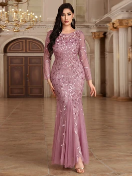2024 Hot Sale Mermaid Evening Dresses O-Neck Full Sleeve Tulle Embroidery Long Party Gown Elegant Formal Dress 1