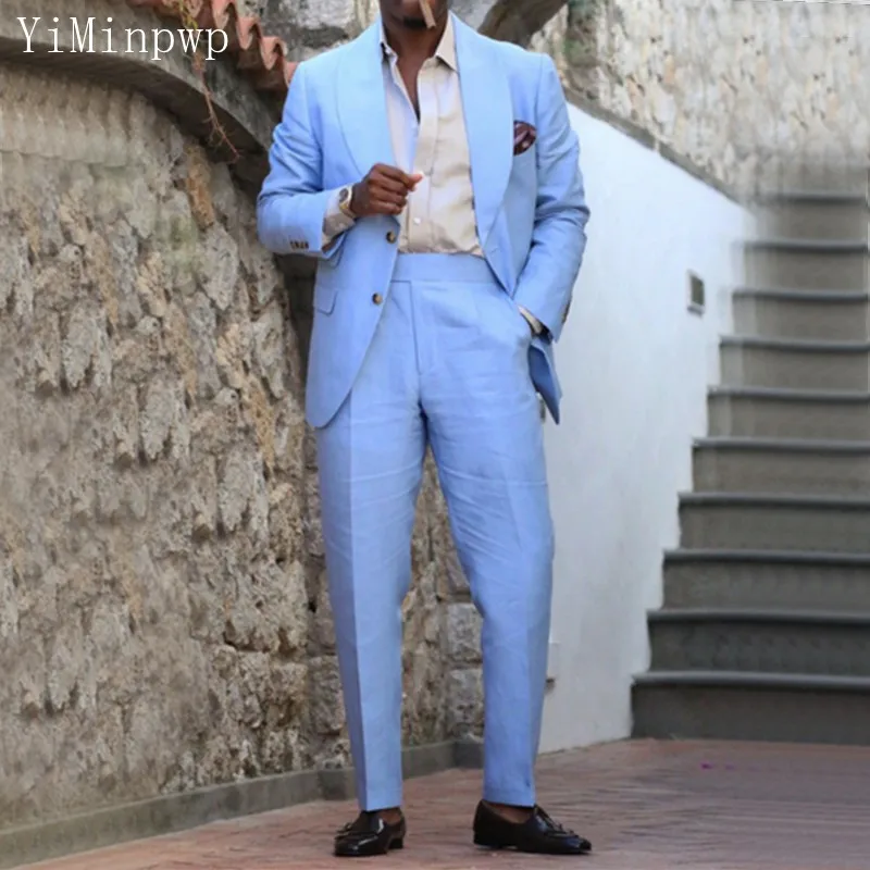 

Костюм мужской льняной из блейзера и брюк, светло-голубой пиджак с отложным воротником, повседневная одежда для выпускного вечера и вечеринки, комплект из 2 предметов, на лето