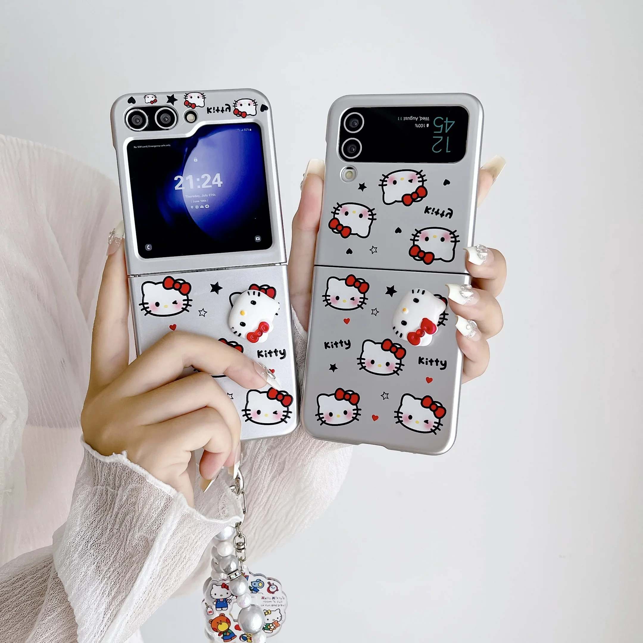 

3D Sanrios Hello Kitty can rotate with bracelet Phone Case for Samsung Galaxy Z Flip 4 Hard PC Back Cover for Z Flip 5 Case Case