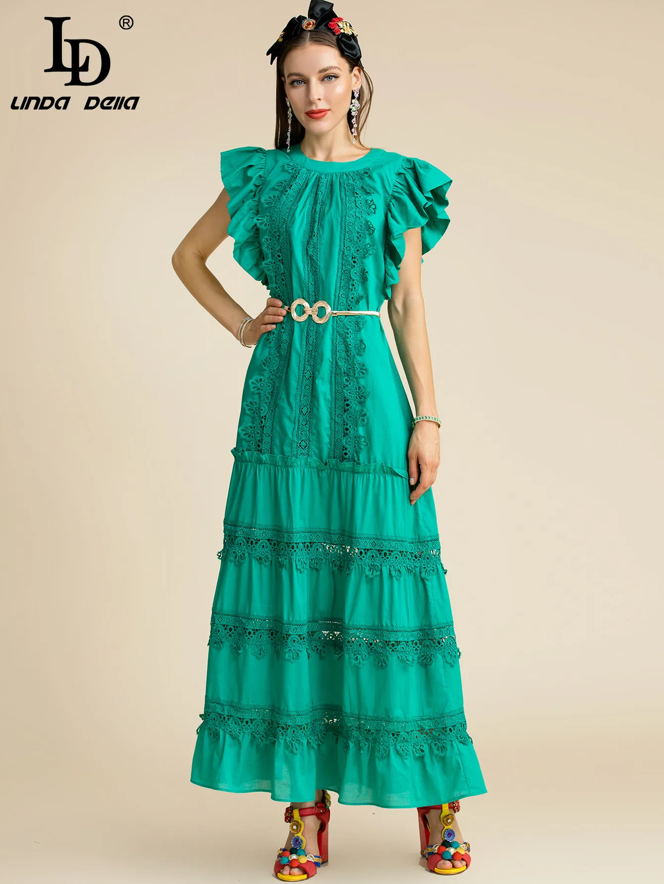 

LD LINDA DELLA Fashion Runway Summer Dress Women's Butterfly Sleeve Sashes Lace Hollow out Green Long Party Dress Vestidos